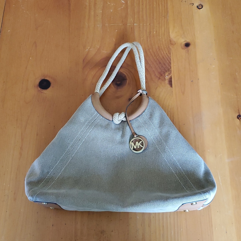 Taupe Canvas Tote with White Rope Handles